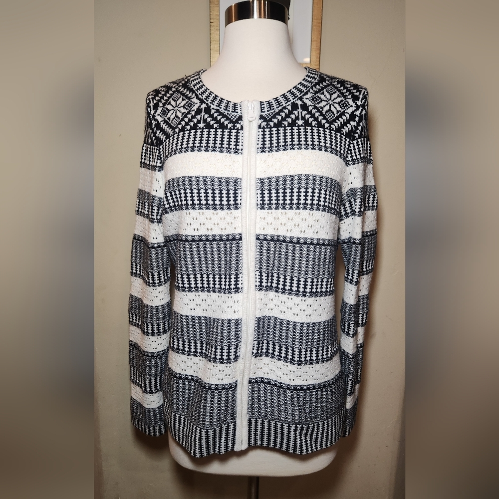 Talbots fair isle‎ full-zip cardigan long sleeve black & ivory size Medium